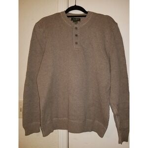 EDDIE BAUER Sweater Lg Vintage Oatmeal Henley Pullover 100% Cotton Ribbed Knit